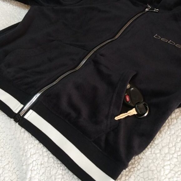 Bebe Black Velour Hooded Jacket W/ Rhinestone Logo - Picture 16 of 16
